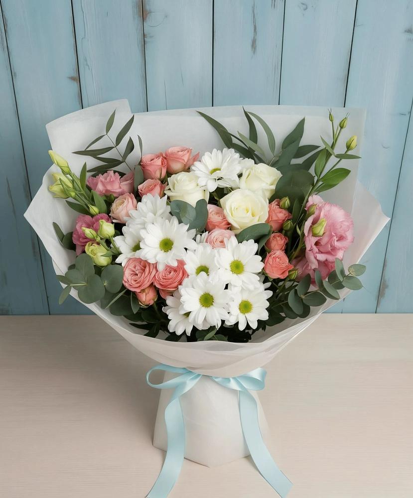 Букет цветов из: Розы, Лизиантусы и Хризантемы в Немчиново