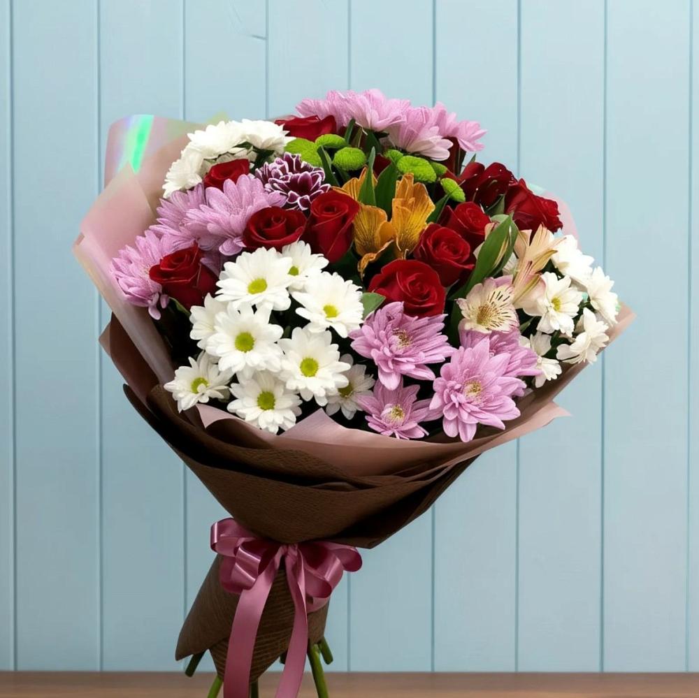 Букет цветов из: Розы, Хризантемы и Альстромерии в Немчиново